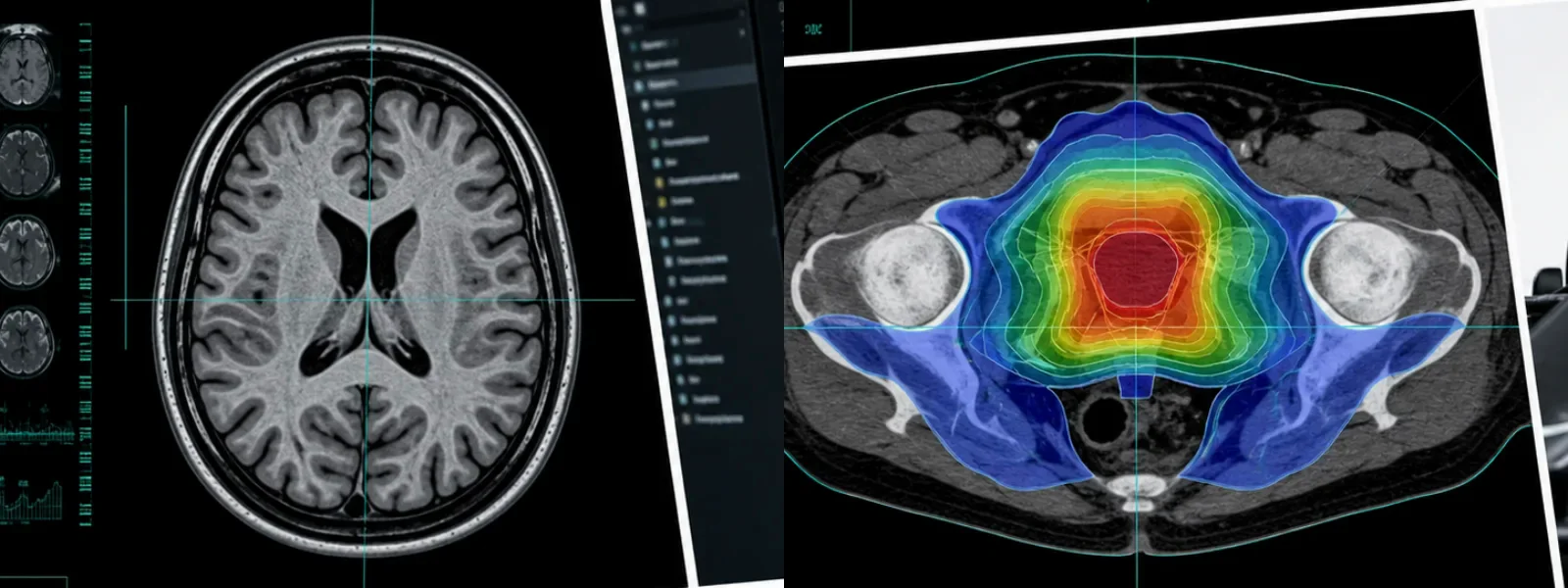 Collage of MR imaging, code, CT imaging, and radiation dose distribution