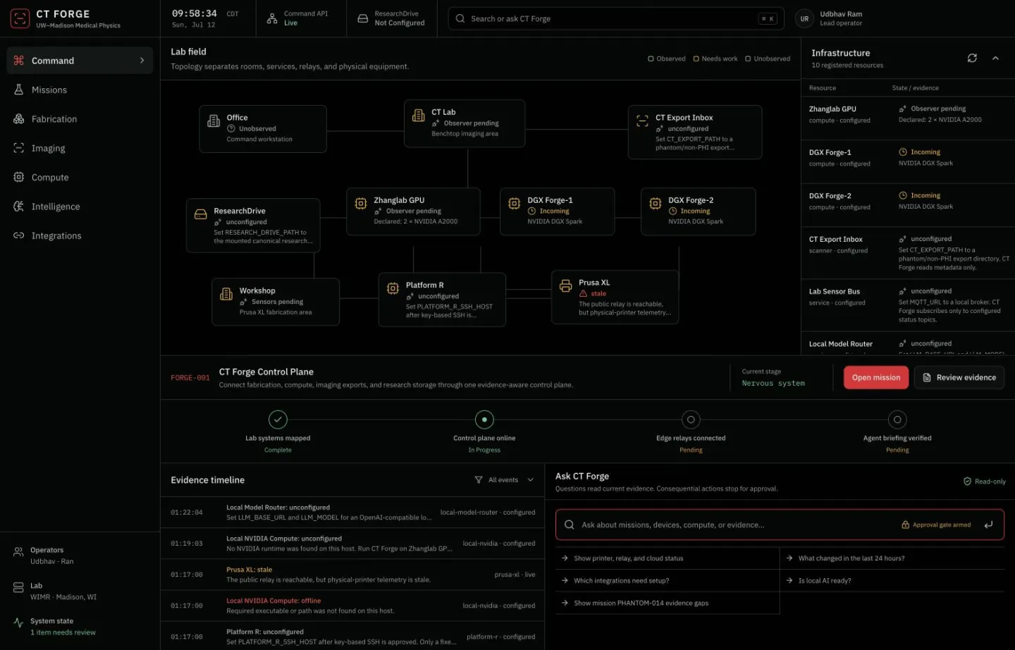 CT Forge operations interface with compute, model, and printer status panels